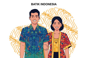 Couple wearing batik clothing in indonesia standing together with batik background