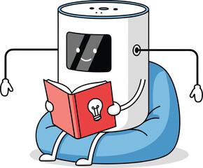 Cartoon smart speaker reading book on beanbag