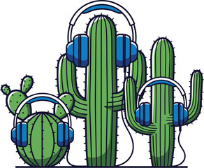 Cactuses wearing blue headphones. Vector illustration.