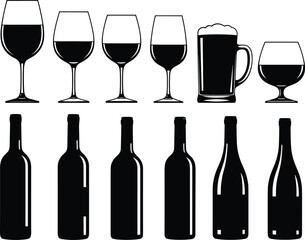 Silhouettes of wine glasses, beer mugs, and liquor bottles filled with dark liquid, ideal for bar, branding, and packaging design