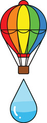 Rainbow hot air balloon over a blue droplet, vector illustration