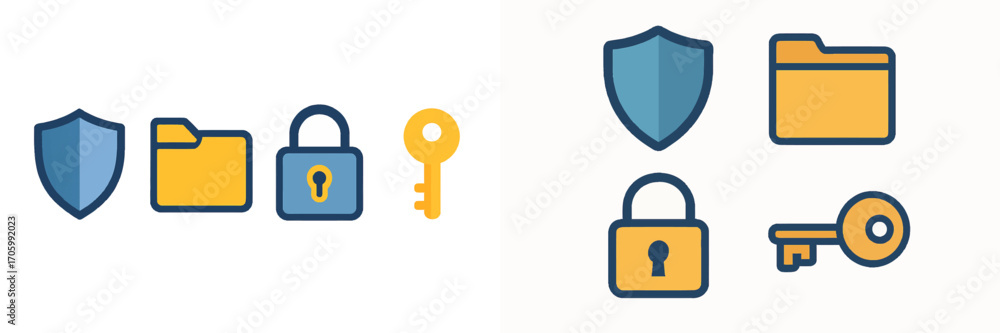 Poster security icon set with shield, folder, lock, and key symbols for data protection and privacy concept