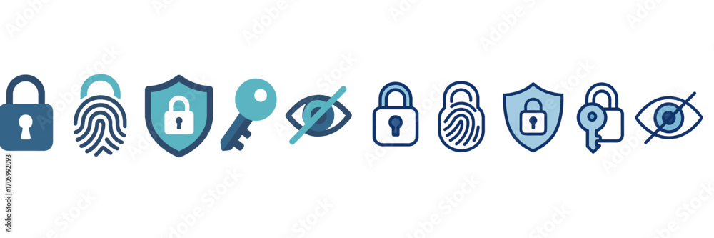 Poster security and privacy icon set with padlock, fingerprint, key, and shield symbols for authentication 