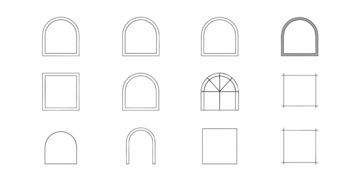 Collection of simple line art architectural elements including arched windows and square frames