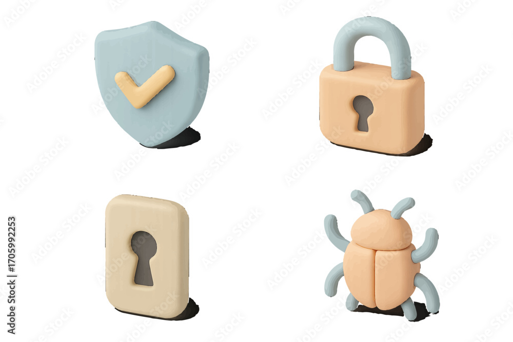 Poster set of 3d cybersecurity icons including shield with checkmark, padlock, keyhole, and virus bug symbo