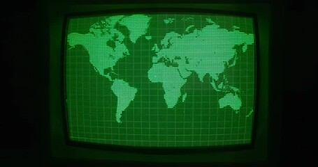 CRT monitor displaying green map, silhouetted hand tracing Mediterranean grid marking region - Powered by Adobe