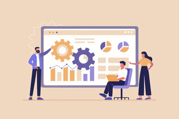 Team analyzing data and charts on a large screen with gears representing teamwork and progress