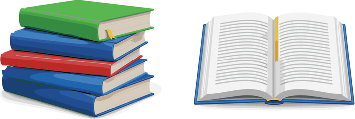 Stack of colorful books and open textbook with bookmark, symbolizing education, reading, literature, academic study, knowledge, and learning resources
