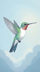 Obraz premium Illustration of a hummingbird in flight against a light blue sky with soft clouds