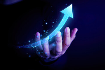 A hand shows upward business growth powered by AI, using a genai client to generate content and model a successful response.