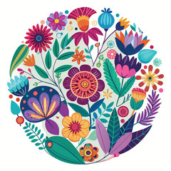 A Colorful Floral Arrangement in a Round Frame Decorative Flowers and Leaves in a Whimsical Design Creative Botanical Art