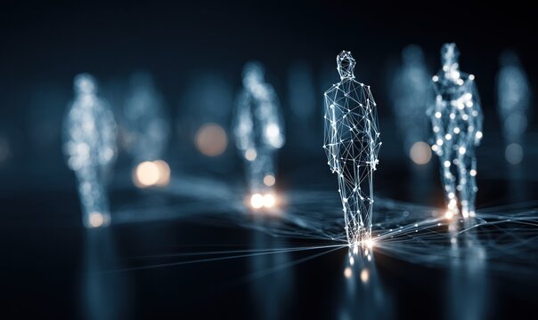 Low-poly, glowing figures stand in a line connected by thin lines on a reflective surface against a dark, blurred background