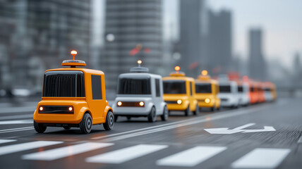 Fototapeta premium Autonomous vehicles in city setting showcase modern transportation technology, with focus on safety and efficiency. scene features line of small, colorful self driving cars