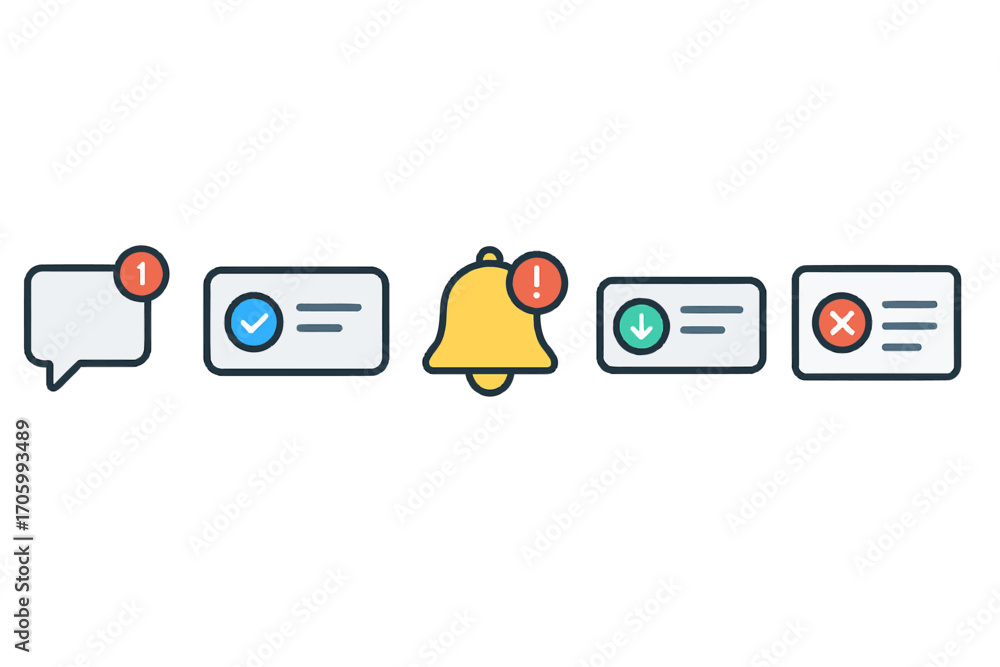 Poster set of notification icons for user interface design including new message alert, success checkmark, 