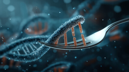 Fork delicately holds DNA strand, symbolizing intersection of genetics and nutrition, highlighting concept of personalized nutrition through gene editing