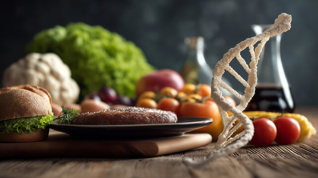 DNA model stands beside variety of fresh foods, including burger, vegetables, and fruits, symbolizing intersection of biotechnology and personalized nutrition