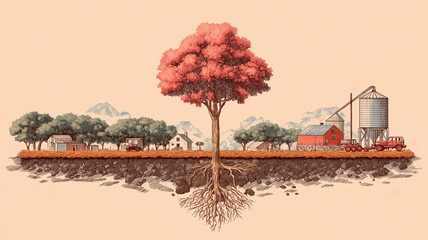 Obraz premium Vibrant illustration of tree with extensive roots symbolizes connection between agriculture and sustainability. scene includes farm with barn, silo, and tractor, set against mountainous backdrop