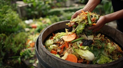 Hands adding food scraps to a compost barrel