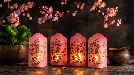 Pink lanterns with candles, spring blossoms, and decor