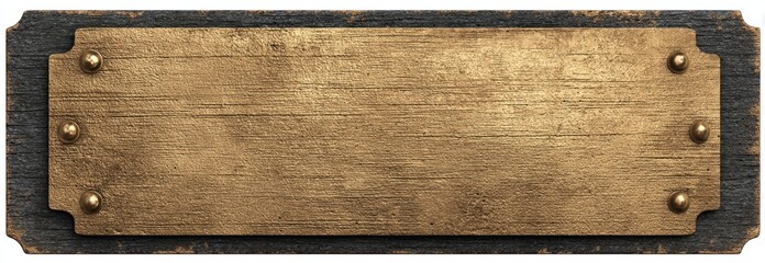 Rectangular plaque featuring a golden plate attached to a dark wooden frame with rivets in each corner, creating a textured, vintage feel