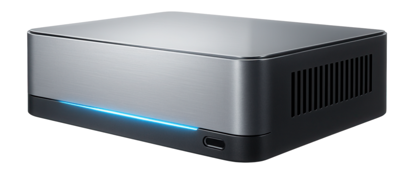 Desktop workstation with a flat, rectangular form factor and a brushed aluminum finish