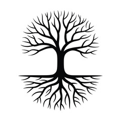 Stylized black silhouette of a bare tree with visible roots inside a circle