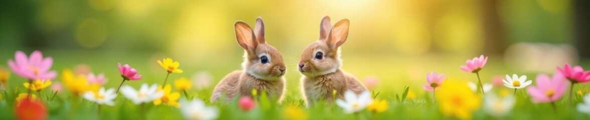 Fototapeta premium Adorable bunnies with spring bouquets in blooming meadow, delicate, soft