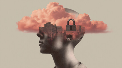 Surreal image of human head with cityscape and padlock within clouds symbolizes intersection of mental health and cybersecurity threats