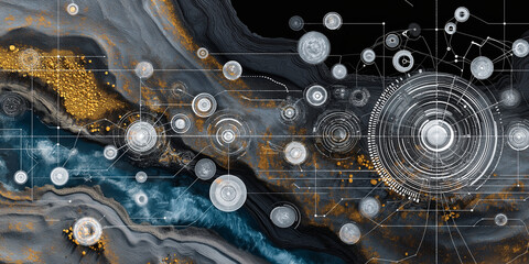 Abstract digital art featuring interconnected circular patterns and lines over textured background with gold and blue accents, symbolizing digital transformation and technology
