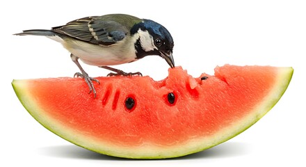 Naklejka premium 小鳥がスイカを食べる夏の写真 白い背景でクローズアップ撮影