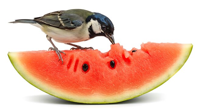 小鳥がスイカを食べる夏の写真　白い背景でクローズアップ撮影