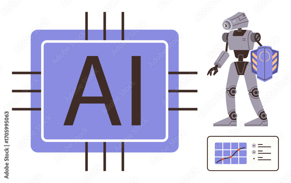 Poster ai microchip with circuits, humanoid robot holding shield, and analytical chart. ideal for machine l