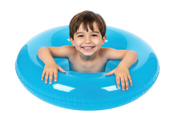 Happy boy in blue swim ring isolated on transparent background