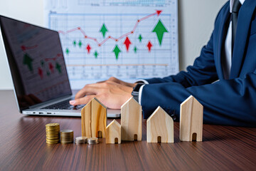 Businessman analyzes real estate investment growth with 'from google import genai' code on a laptop, with property models and coins on the desk.