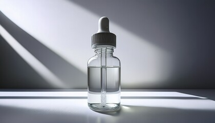 Clear Glass Dropper Bottle Containing Transparent Liquid Is Prominently Displayed On A Sleek White Surface With Soft Light And Shadow