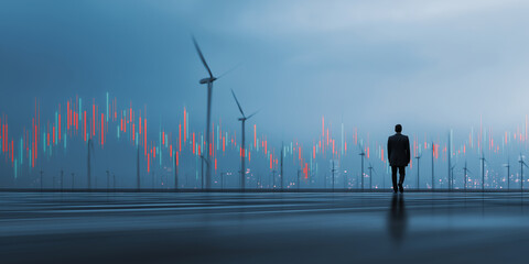 Businessman stands on futuristic platform, observing wind turbines and digital financial chart, symbolizing intersection of renewable energy and market trends