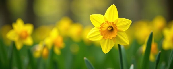 Obraz premium Bright yellow daffodil blooms in spring garden , stem, floral background