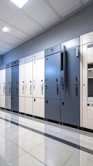 Modern, clean server/storage room with rows of white and blue lockers