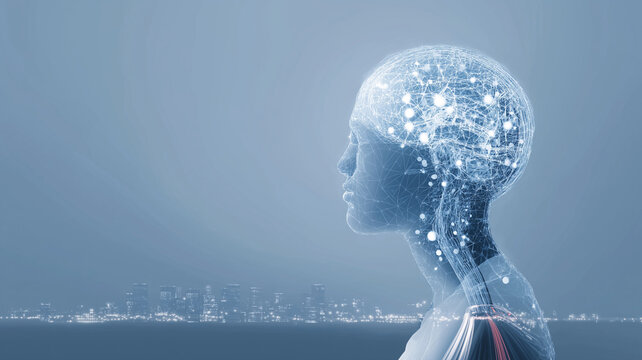 Digital representation of human head with interconnected nodes and lines symbolizes artificial intelligence and technology against cityscape background