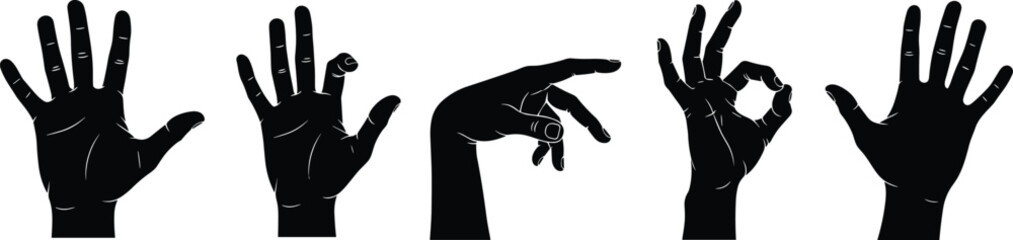 Hand gesture silhouette vector set featuring symbolic finger positions and open palm designs in black-and-white communication icon style
