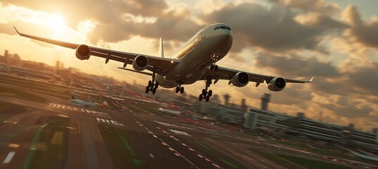 Jet soars skyward against golden hour, over blurred runway & city backdrop. Flight's adventure and anticipation evident