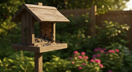 夕日輝く庭の野鳥用餌台：木製で可愛らしいデザイン
