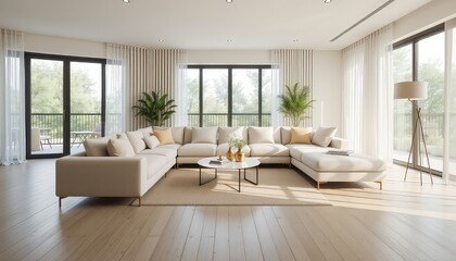 Bright and spacious living room showcases a large sectional sofa, offering a comfortable and stylish area