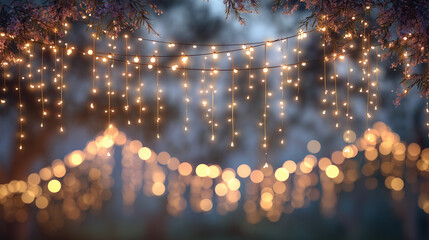 Illuminated string lights hanging with blurred background creating a magical and festive atmosphere