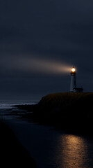 Mysterious lighthouse illuminating the dark coastline — a captivating night scene highlighting the beacon's light reflecting on the water

