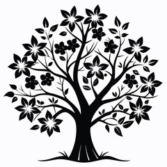 Floral Tree Silhouette A Serene Black and White Illustration of Nature's Beauty Blossoming in a Symbolic Representation