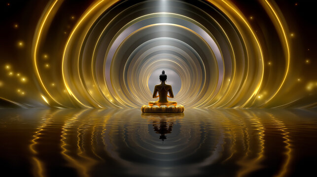 Wide composition: guru in prayer stance before gong, waves of golden light radiating in concentric circles.