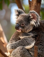Fototapeta premium Close-up koala joey clinging to mother