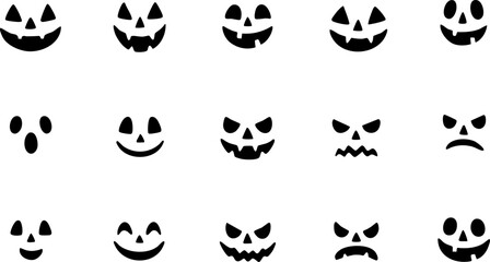 Fototapeta premium Collection of spooky and funny Halloween pumpkin faces. Jack-o’-lantern silhouettes with different expressions for decoration, stickers, and holiday design