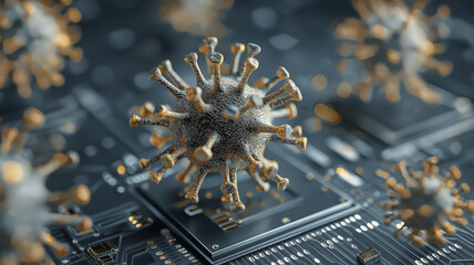 Digital representation of virus particle on circuit board symbolizes intersection of technology and biology, highlighting themes of cybersecurity and digital health